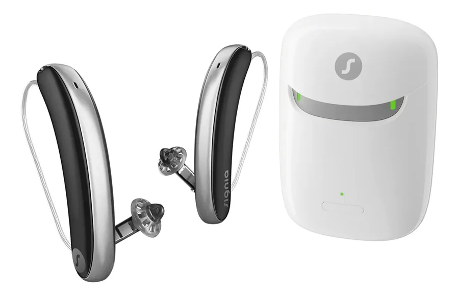 Signia Styletto IX slim RIC hearing aids with charger